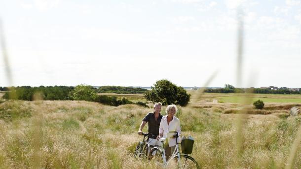 Paar mit Fahrrad auf der Wiese auf Fanø